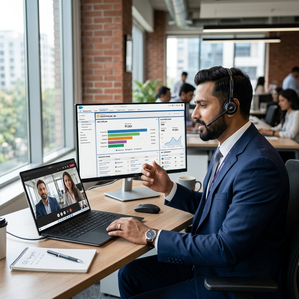 B2B Lead Generation Agency India | AI Powered Outreach | Cletto B2B sales professional in India on video call with CRM pipeline dashboard visible