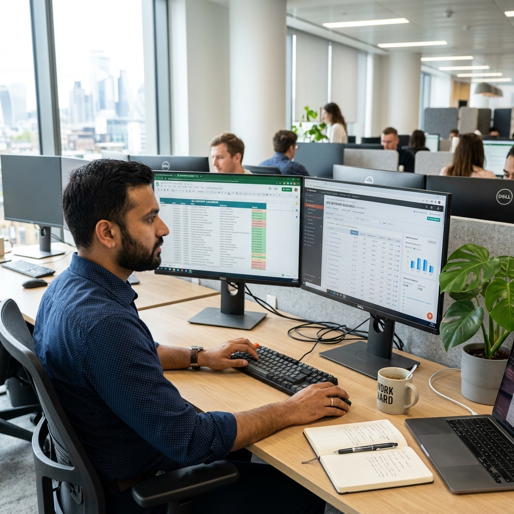 Content Marketing Agency India | SEO Content at Scale | Cletto Content strategist planning SEO blog content and keyword strategy in modern office