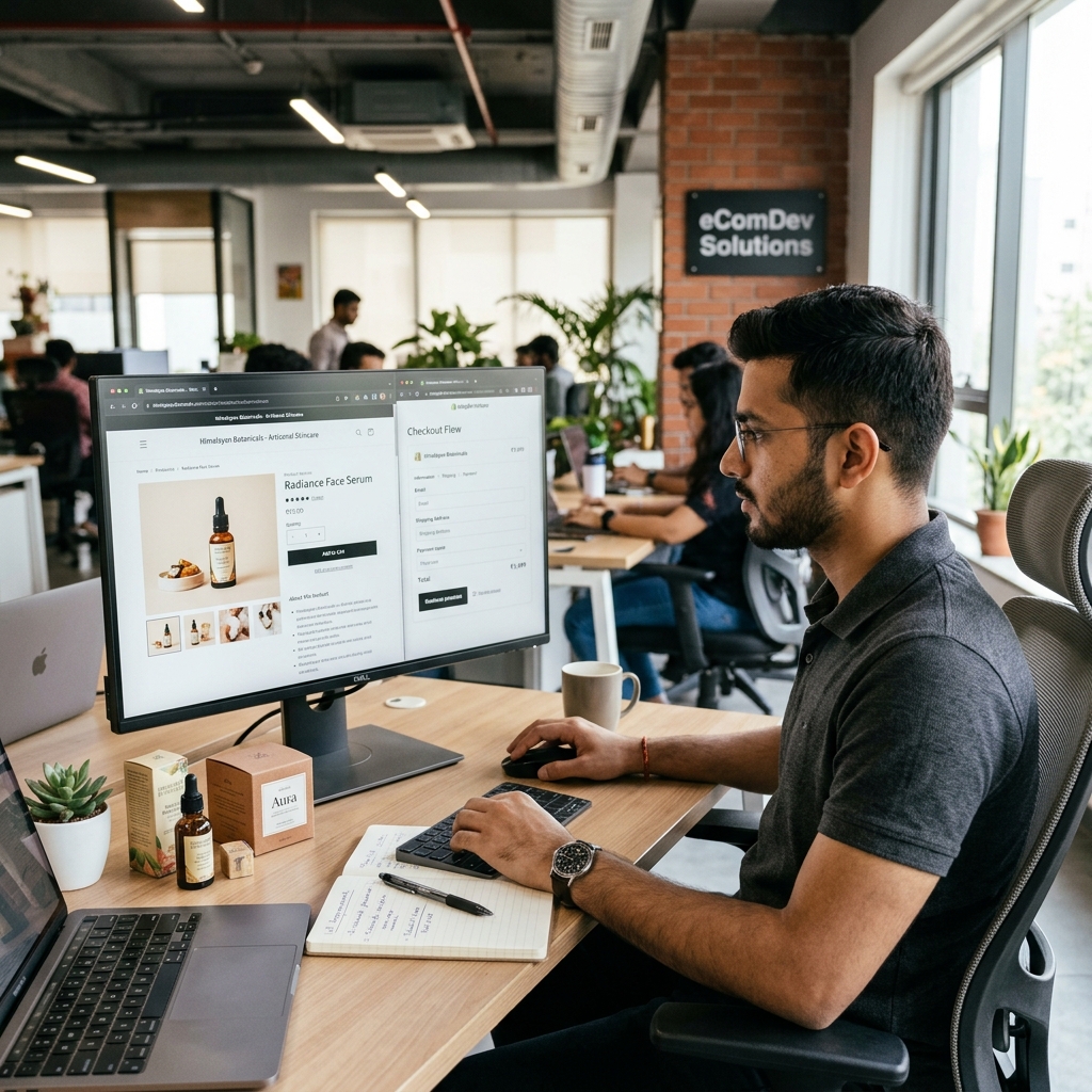 Best E Commerce Website Development Company in India | Cletto E-commerce developer reviewing premium Shopify store product pages in Hyderabad office